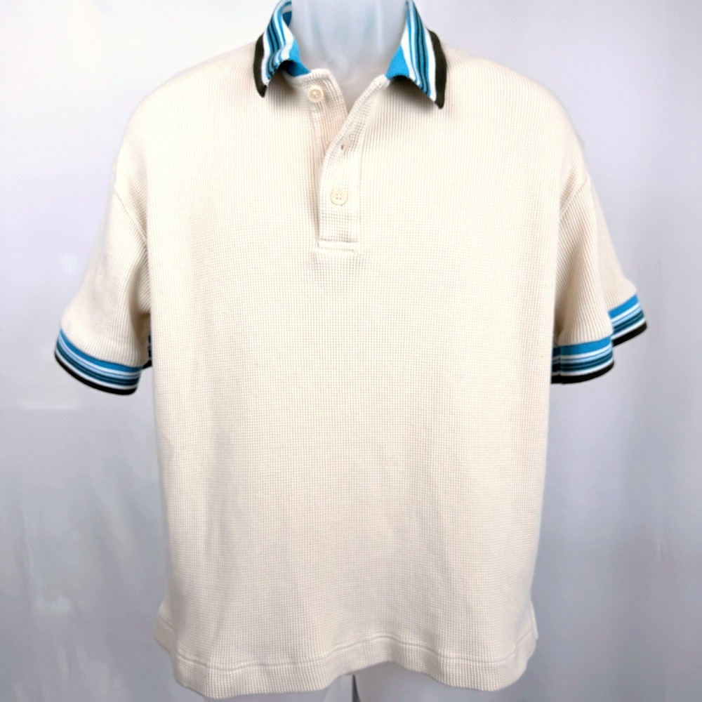 COS Relaxed Fit Waffle Knit Polo Shirt Cream Blue Stripe Collar Men's Small S